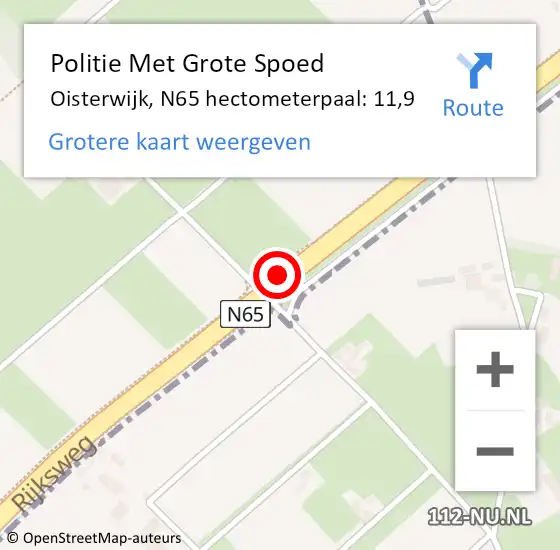 Locatie op kaart van de 112 melding: Politie Met Grote Spoed Naar Oisterwijk, N65 hectometerpaal: 11,9 op 29 augustus 2023 03:07