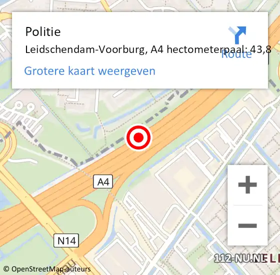 Locatie op kaart van de 112 melding: Politie Leidschendam-Voorburg, A4 hectometerpaal: 43,8 op 29 augustus 2023 06:16