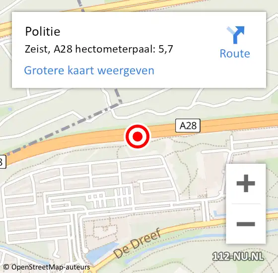 Locatie op kaart van de 112 melding: Politie Zeist, A28 hectometerpaal: 5,7 op 29 augustus 2023 07:58