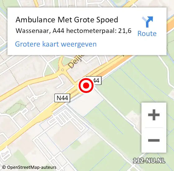 Locatie op kaart van de 112 melding: Ambulance Met Grote Spoed Naar Wassenaar, A44 hectometerpaal: 21,6 op 29 augustus 2023 08:52