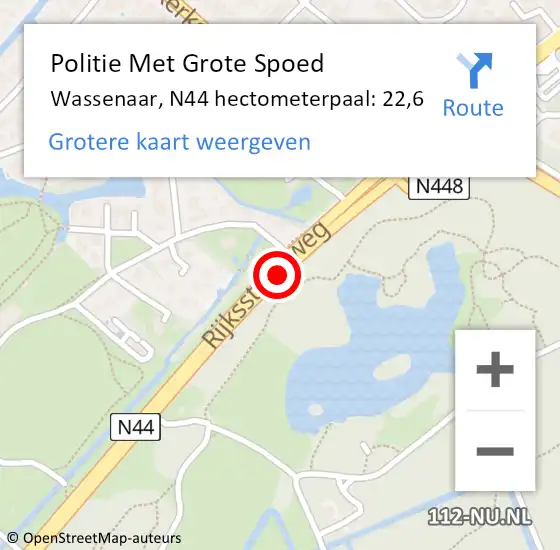 Locatie op kaart van de 112 melding: Politie Met Grote Spoed Naar Wassenaar, N44 hectometerpaal: 22,6 op 29 augustus 2023 08:53