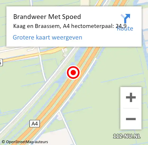 Locatie op kaart van de 112 melding: Brandweer Met Spoed Naar Kaag en Braassem, A4 hectometerpaal: 24,9 op 29 augustus 2023 09:16