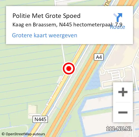 Locatie op kaart van de 112 melding: Politie Met Grote Spoed Naar Kaag en Braassem, N445 hectometerpaal: 7,9 op 29 augustus 2023 10:14