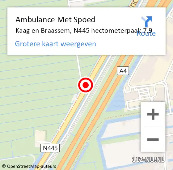 Locatie op kaart van de 112 melding: Ambulance Met Spoed Naar Kaag en Braassem, N445 hectometerpaal: 7,9 op 29 augustus 2023 10:15