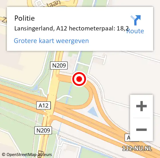 Locatie op kaart van de 112 melding: Politie Lansingerland, A12 hectometerpaal: 18,2 op 29 augustus 2023 10:38