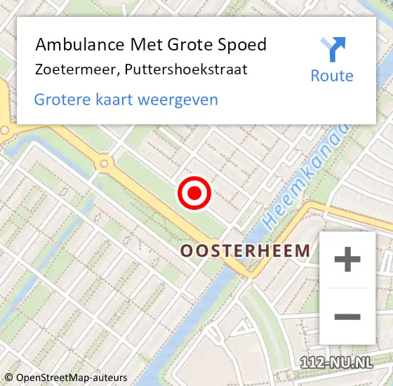 Locatie op kaart van de 112 melding: Ambulance Met Grote Spoed Naar Zoetermeer, Puttershoekstraat op 29 augustus 2023 11:16