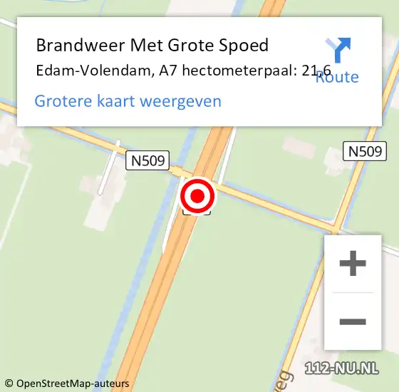 Locatie op kaart van de 112 melding: Brandweer Met Grote Spoed Naar Edam-Volendam, A7 hectometerpaal: 21,6 op 29 augustus 2023 12:15