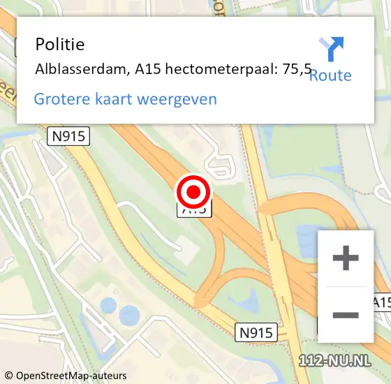 Locatie op kaart van de 112 melding: Politie Alblasserdam, A15 hectometerpaal: 75,5 op 29 augustus 2023 12:28