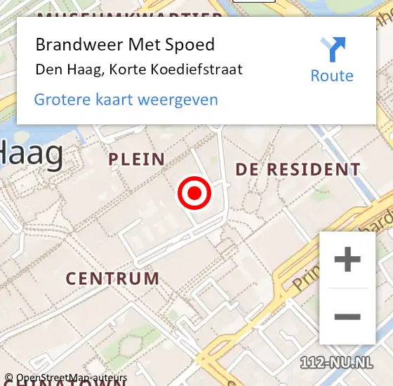 Locatie op kaart van de 112 melding: Brandweer Met Spoed Naar Den Haag, Korte Koediefstraat op 29 augustus 2023 12:51