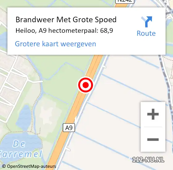 Locatie op kaart van de 112 melding: Brandweer Met Grote Spoed Naar Heiloo, A9 hectometerpaal: 68,9 op 29 augustus 2023 15:10