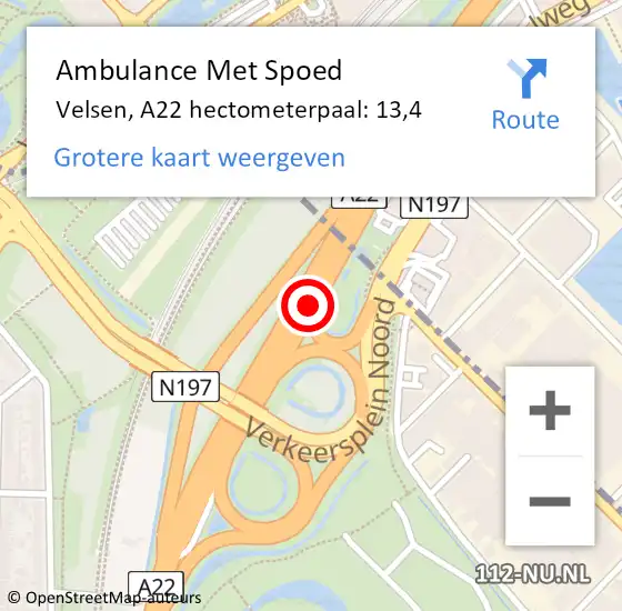 Locatie op kaart van de 112 melding: Ambulance Met Spoed Naar Velsen, A22 hectometerpaal: 13,4 op 29 augustus 2023 15:28