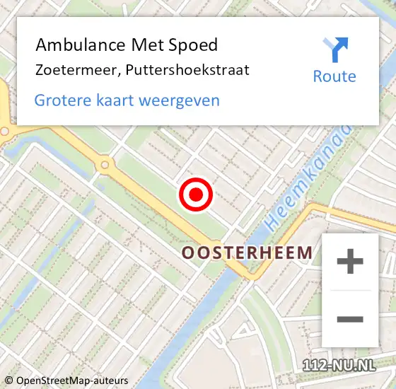 Locatie op kaart van de 112 melding: Ambulance Met Spoed Naar Zoetermeer, Puttershoekstraat op 29 augustus 2023 16:57