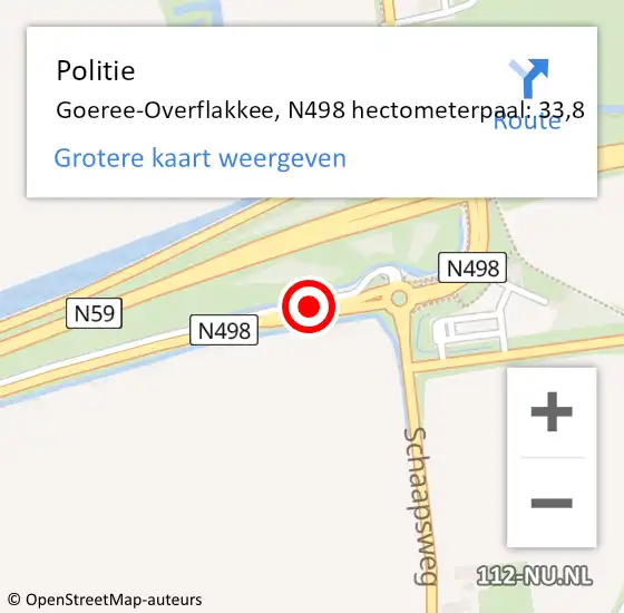 Locatie op kaart van de 112 melding: Politie Goeree-Overflakkee, N498 hectometerpaal: 33,8 op 29 augustus 2023 17:36