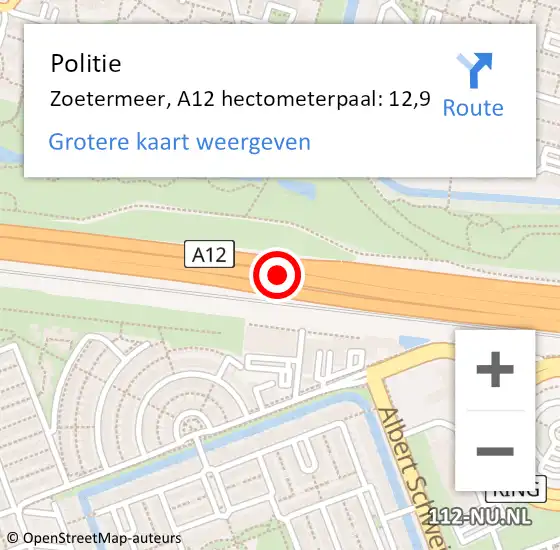 Locatie op kaart van de 112 melding: Politie Zoetermeer, A12 hectometerpaal: 12,9 op 29 augustus 2023 18:10