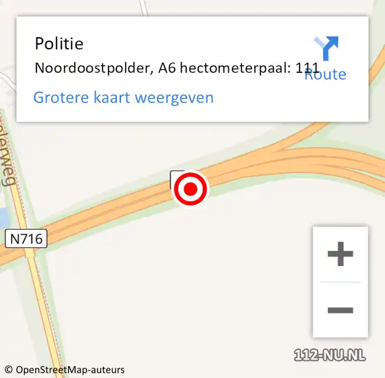 Locatie op kaart van de 112 melding: Politie Noordoostpolder, A6 hectometerpaal: 111 op 29 augustus 2023 22:28