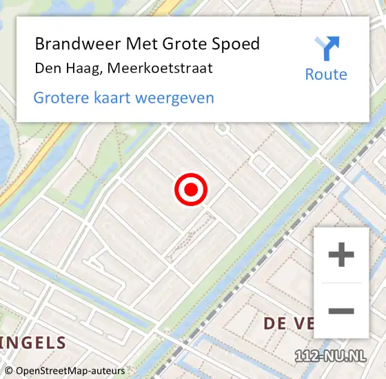Locatie op kaart van de 112 melding: Brandweer Met Grote Spoed Naar Den Haag, Meerkoetstraat op 29 augustus 2023 22:54