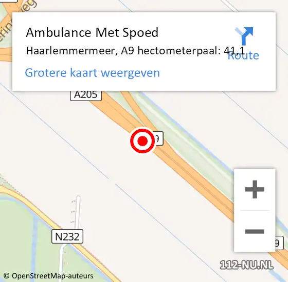 Locatie op kaart van de 112 melding: Ambulance Met Spoed Naar Haarlemmermeer, A9 hectometerpaal: 41,1 op 30 augustus 2023 00:50