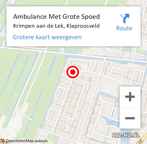 Locatie op kaart van de 112 melding: Ambulance Met Grote Spoed Naar Krimpen aan de Lek, Klaproosveld op 30 augustus 2023 07:32