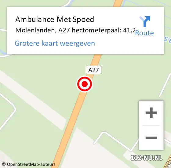 Locatie op kaart van de 112 melding: Ambulance Met Spoed Naar Molenlanden, A27 hectometerpaal: 41,2 op 30 augustus 2023 09:44