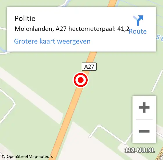 Locatie op kaart van de 112 melding: Politie Molenlanden, A27 hectometerpaal: 41,2 op 30 augustus 2023 09:46
