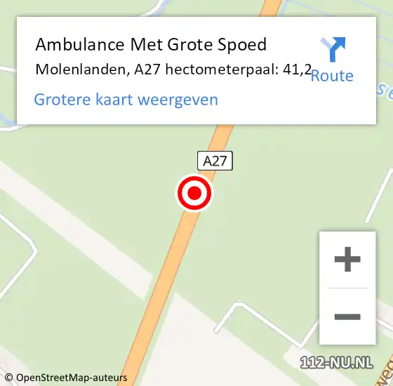 Locatie op kaart van de 112 melding: Ambulance Met Grote Spoed Naar Molenlanden, A27 hectometerpaal: 41,2 op 30 augustus 2023 10:07