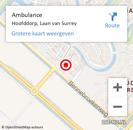 Locatie op kaart van de 112 melding: Ambulance Hoofddorp, Laan van Surrey op 30 augustus 2023 10:28