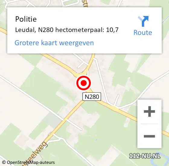 Locatie op kaart van de 112 melding: Politie Leudal, N280 hectometerpaal: 10,7 op 30 augustus 2023 12:44