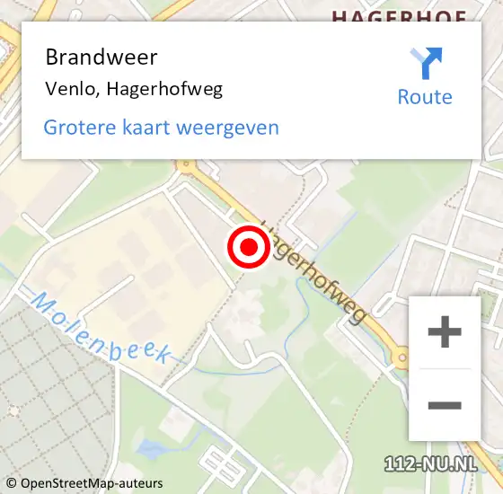 Locatie op kaart van de 112 melding: Brandweer Venlo, Hagerhofweg op 30 augustus 2023 15:42