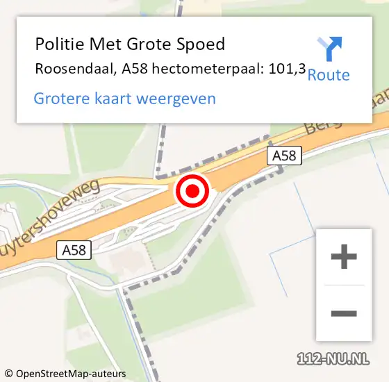 Locatie op kaart van de 112 melding: Politie Met Grote Spoed Naar Roosendaal, A58 hectometerpaal: 101,3 op 30 augustus 2023 16:53