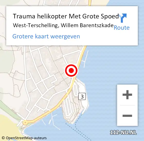 Locatie op kaart van de 112 melding: Trauma helikopter Met Grote Spoed Naar West-Terschelling, Willem Barentszkade op 30 augustus 2023 18:02