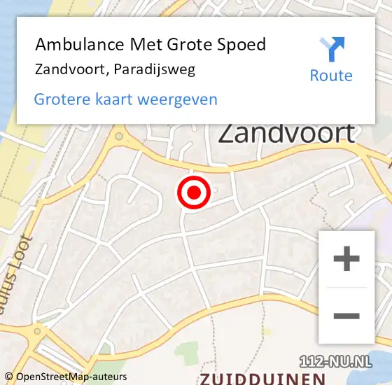 Locatie op kaart van de 112 melding: Ambulance Met Grote Spoed Naar Zandvoort, Paradijsweg op 30 augustus 2023 18:27