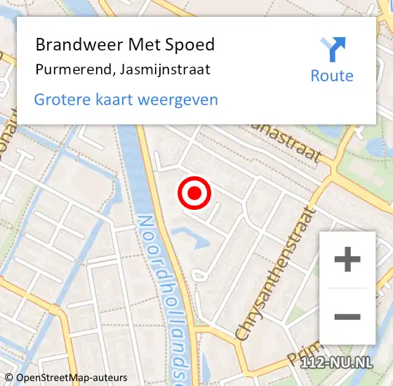 Locatie op kaart van de 112 melding: Brandweer Met Spoed Naar Purmerend, Jasmijnstraat op 30 augustus 2023 18:39