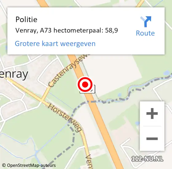 Locatie op kaart van de 112 melding: Politie Venray, A73 hectometerpaal: 58,9 op 30 augustus 2023 21:03