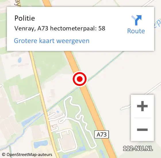 Locatie op kaart van de 112 melding: Politie Venray, A73 hectometerpaal: 58 op 30 augustus 2023 21:05
