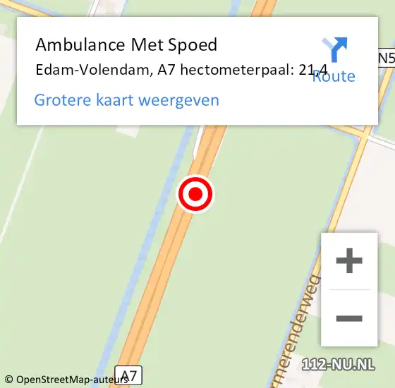 Locatie op kaart van de 112 melding: Ambulance Met Spoed Naar Edam-Volendam, A7 hectometerpaal: 21,4 op 30 augustus 2023 22:21