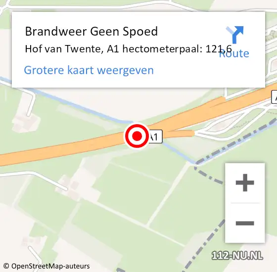 Locatie op kaart van de 112 melding: Brandweer Geen Spoed Naar Hof van Twente, A1 hectometerpaal: 121,6 op 31 augustus 2023 03:37