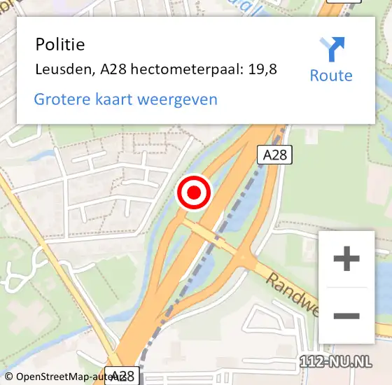 Locatie op kaart van de 112 melding: Politie Leusden, A28 hectometerpaal: 19,8 op 31 augustus 2023 05:15