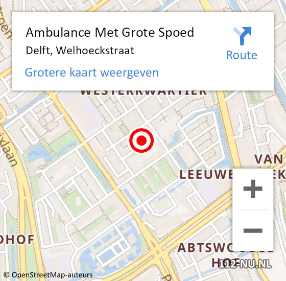 Locatie op kaart van de 112 melding: Ambulance Met Grote Spoed Naar Delft, Welhoeckstraat op 31 augustus 2023 05:20