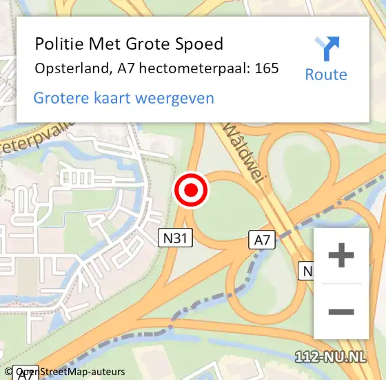 Locatie op kaart van de 112 melding: Politie Met Grote Spoed Naar Opsterland, A7 hectometerpaal: 165 op 31 augustus 2023 05:39