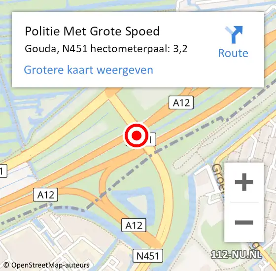 Locatie op kaart van de 112 melding: Politie Met Grote Spoed Naar Gouda, N451 hectometerpaal: 3,2 op 31 augustus 2023 07:41