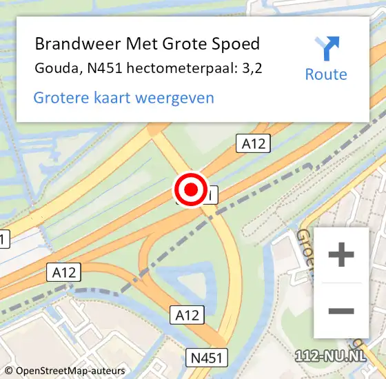 Locatie op kaart van de 112 melding: Brandweer Met Grote Spoed Naar Gouda, N451 hectometerpaal: 3,2 op 31 augustus 2023 07:41