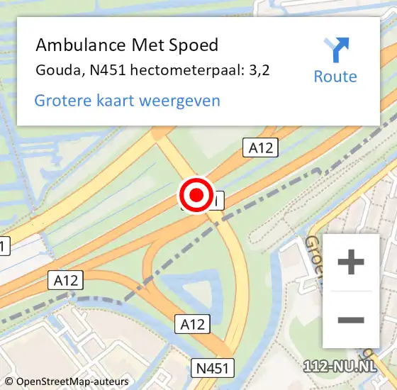 Locatie op kaart van de 112 melding: Ambulance Met Spoed Naar Gouda, N451 hectometerpaal: 3,2 op 31 augustus 2023 07:47