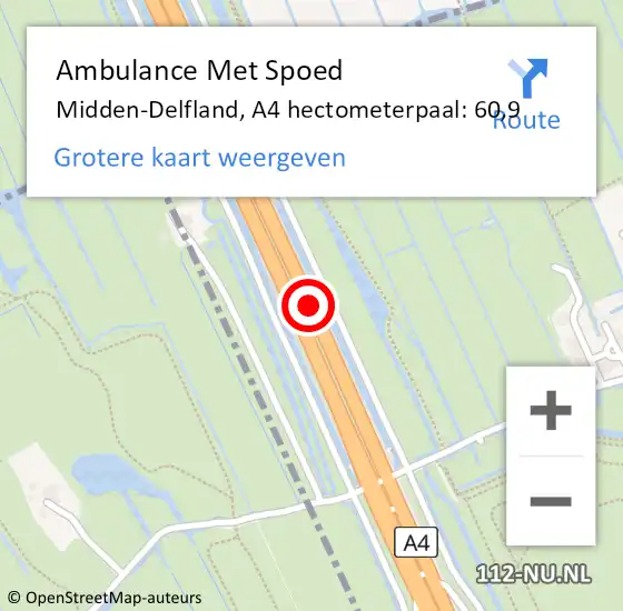 Locatie op kaart van de 112 melding: Ambulance Met Spoed Naar Midden-Delfland, A4 hectometerpaal: 60,9 op 31 augustus 2023 08:36