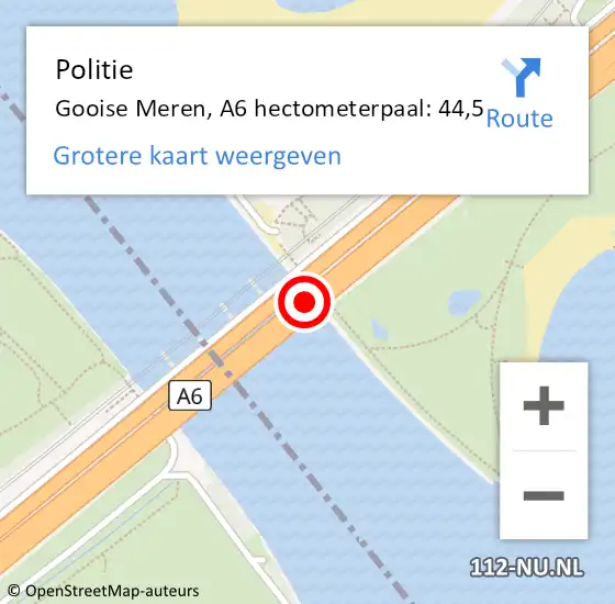 Locatie op kaart van de 112 melding: Politie Gooise Meren, A6 hectometerpaal: 44,5 op 31 augustus 2023 08:45