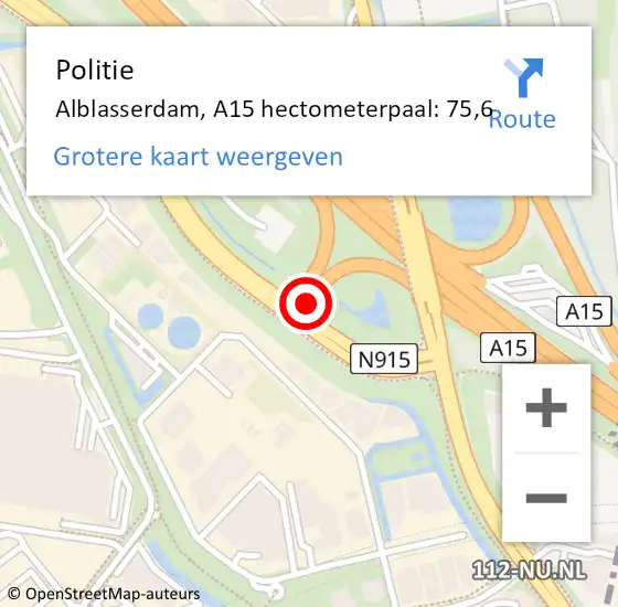 Locatie op kaart van de 112 melding: Politie Alblasserdam, A15 hectometerpaal: 75,6 op 31 augustus 2023 09:32