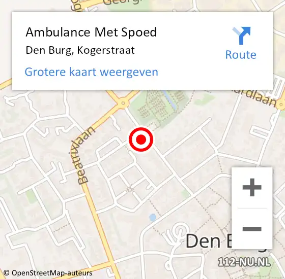 Locatie op kaart van de 112 melding: Ambulance Met Spoed Naar Den Burg, Kogerstraat op 31 augustus 2023 10:14