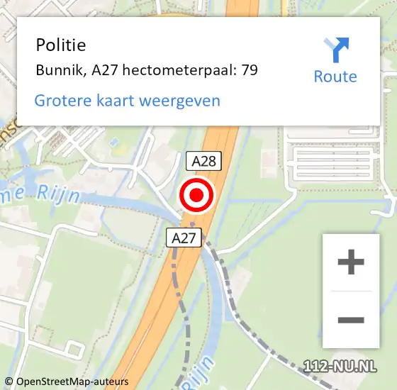 Locatie op kaart van de 112 melding: Politie Bunnik, A27 hectometerpaal: 79 op 31 augustus 2023 10:28