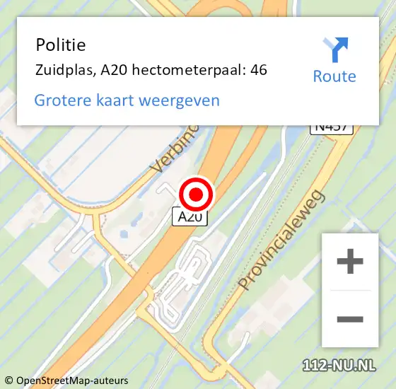 Locatie op kaart van de 112 melding: Politie Zuidplas, A20 hectometerpaal: 46 op 31 augustus 2023 10:31