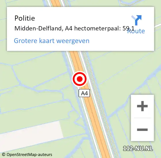 Locatie op kaart van de 112 melding: Politie Midden-Delfland, A4 hectometerpaal: 59,1 op 31 augustus 2023 10:51