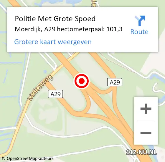 Locatie op kaart van de 112 melding: Politie Met Grote Spoed Naar Moerdijk, A29 hectometerpaal: 101,3 op 31 augustus 2023 11:37